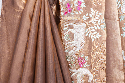 Mrigaya Tamba Wildlife Embroidered Tissue Silk Saree