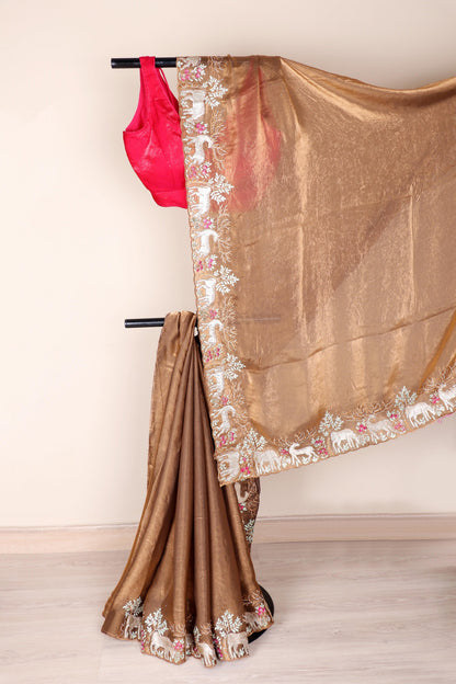 Mrigaya Tamba Wildlife Embroidered Tissue Silk Saree