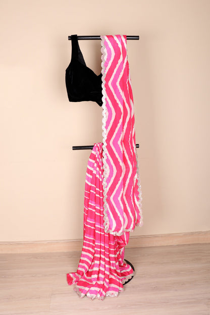 Gulabi Lehariya Chevron Chiffon Saree
