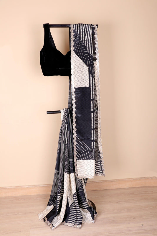 Shyam Shwet Geometric Mirror Border Saree