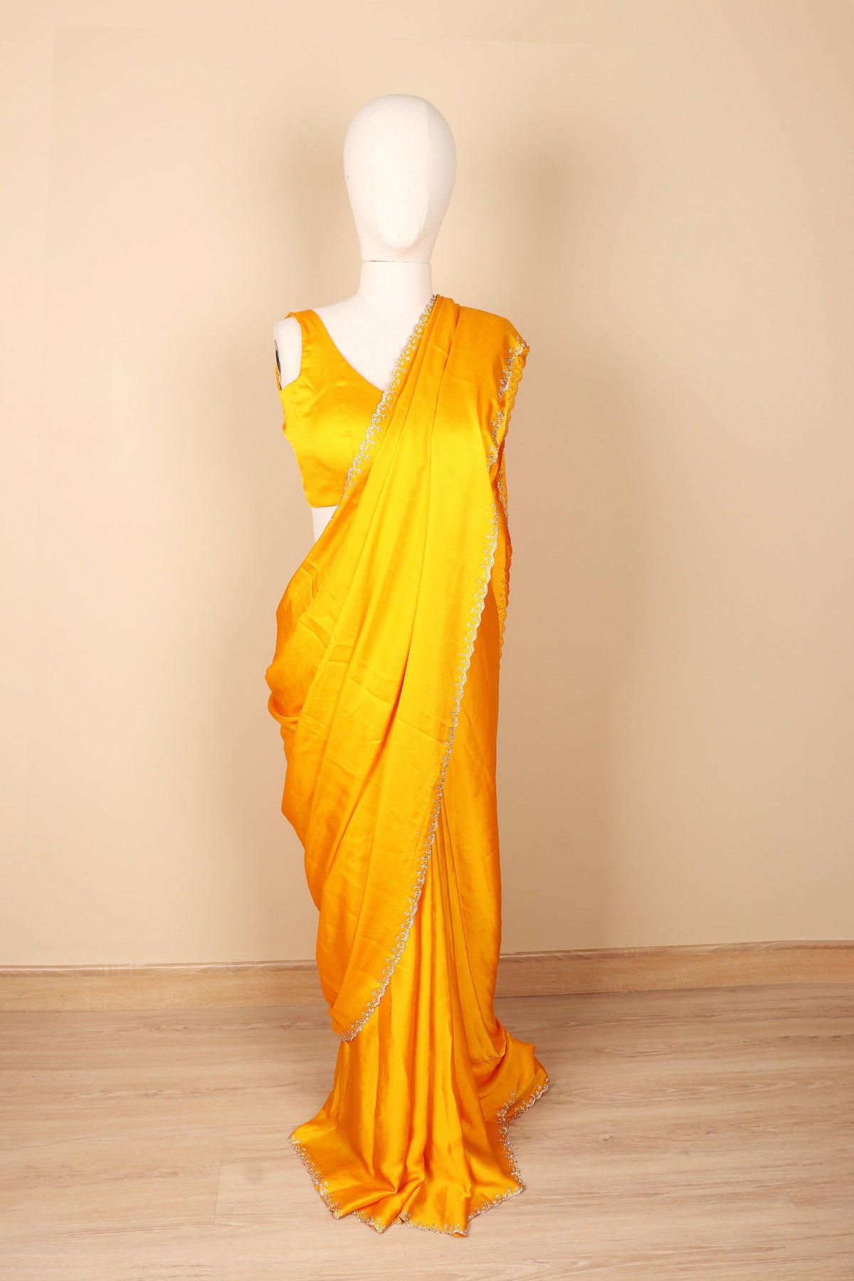 Haridra Swarnim Crystal Border Satin Saree