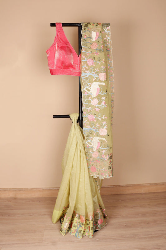 Harit Pakshi Phool Soft Organza Saree - 769