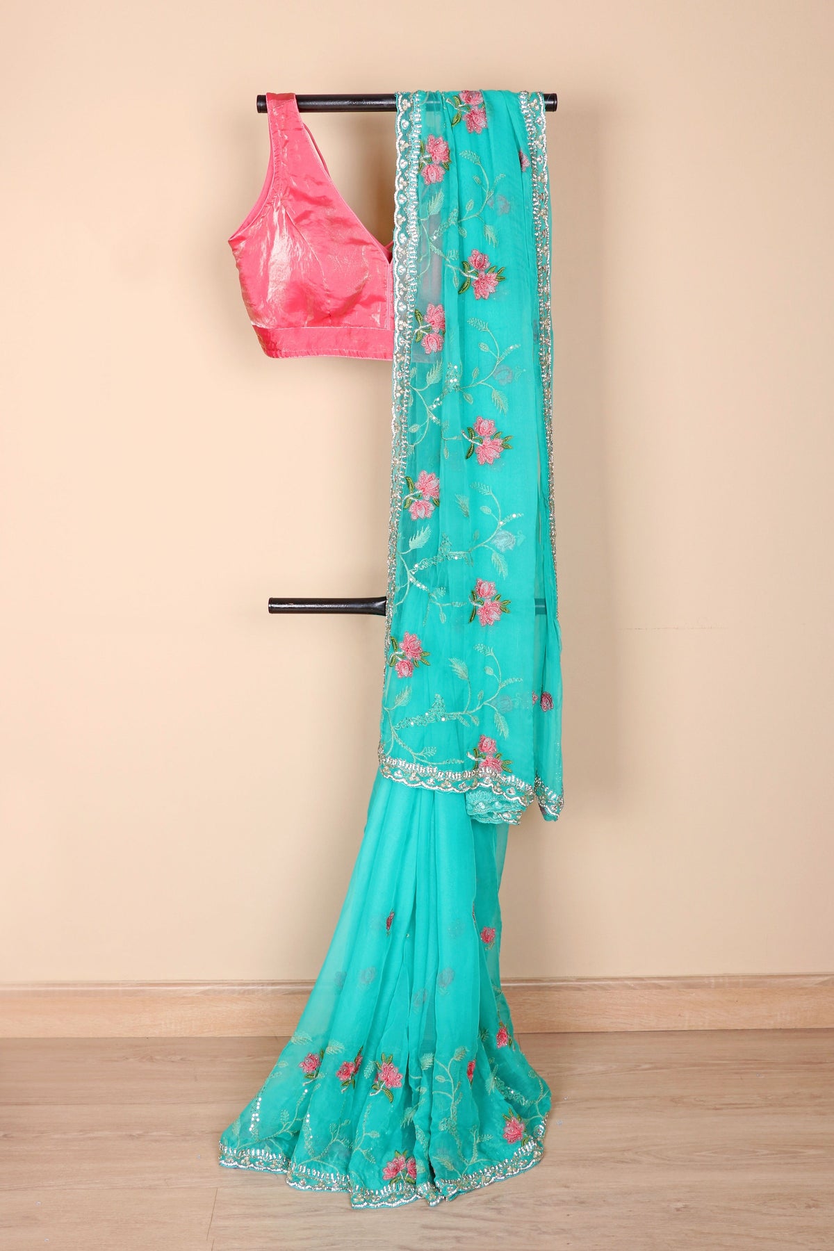 Firoza Floral Embroidered Saree - 957
