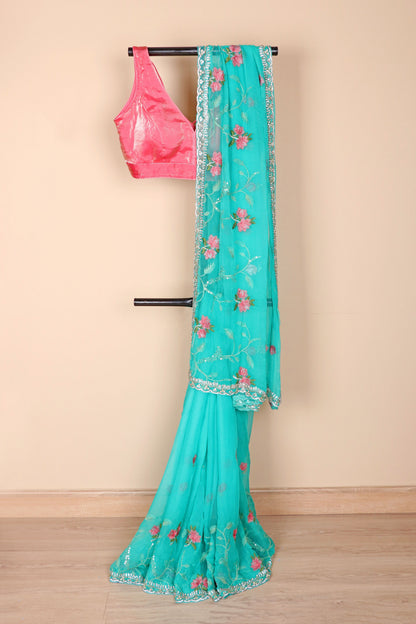 Firoza Floral Embroidered Saree - 957