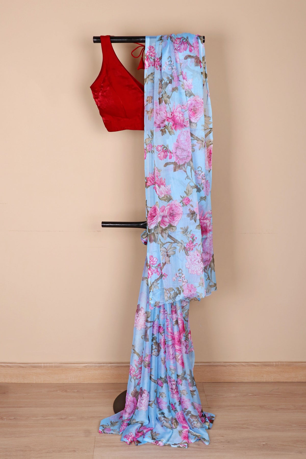 Sky Blue Peony Print Chiffon Saree - 962