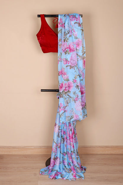 Sky Blue Peony Print Chiffon Saree - 962