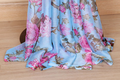 Sky Blue Peony Print Chiffon Saree - 962