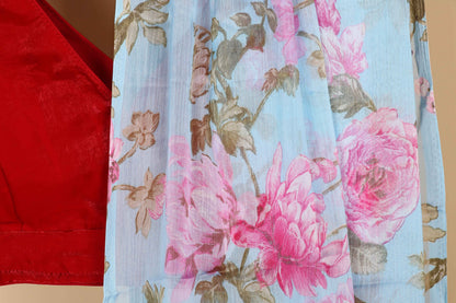 Sky Blue Peony Print Chiffon Saree - 962