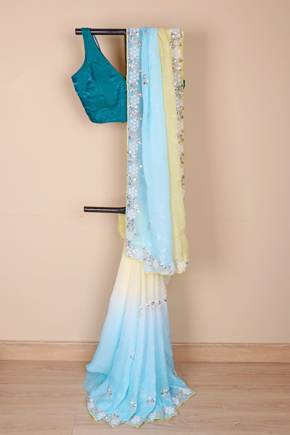Blue Yellow Ombre Sequin Saree - 963