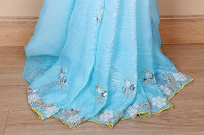 Blue Yellow Ombre Sequin Saree - 963
