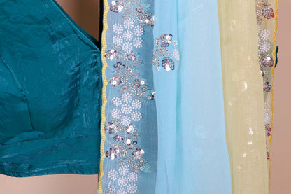 Blue Yellow Ombre Sequin Saree - 963