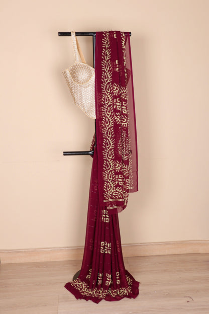 Maroon Batik Botanical Georgette Saree - 974