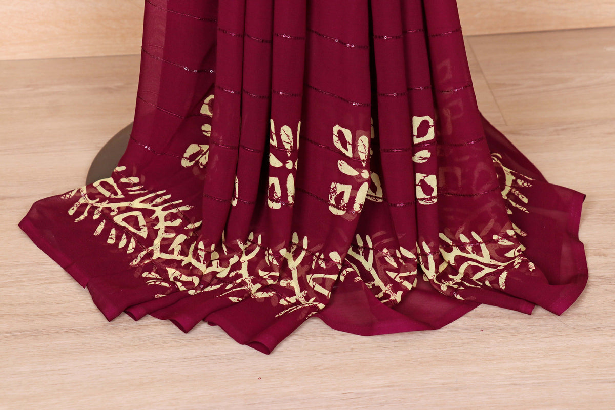 Maroon Batik Botanical Georgette Saree - 974
