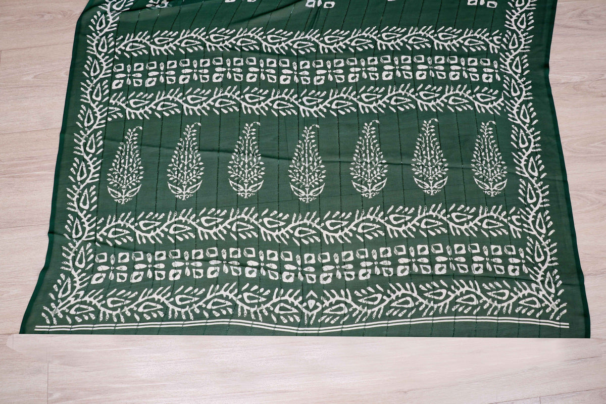 Bottle Green Batik Botanical Georgette Saree - 978