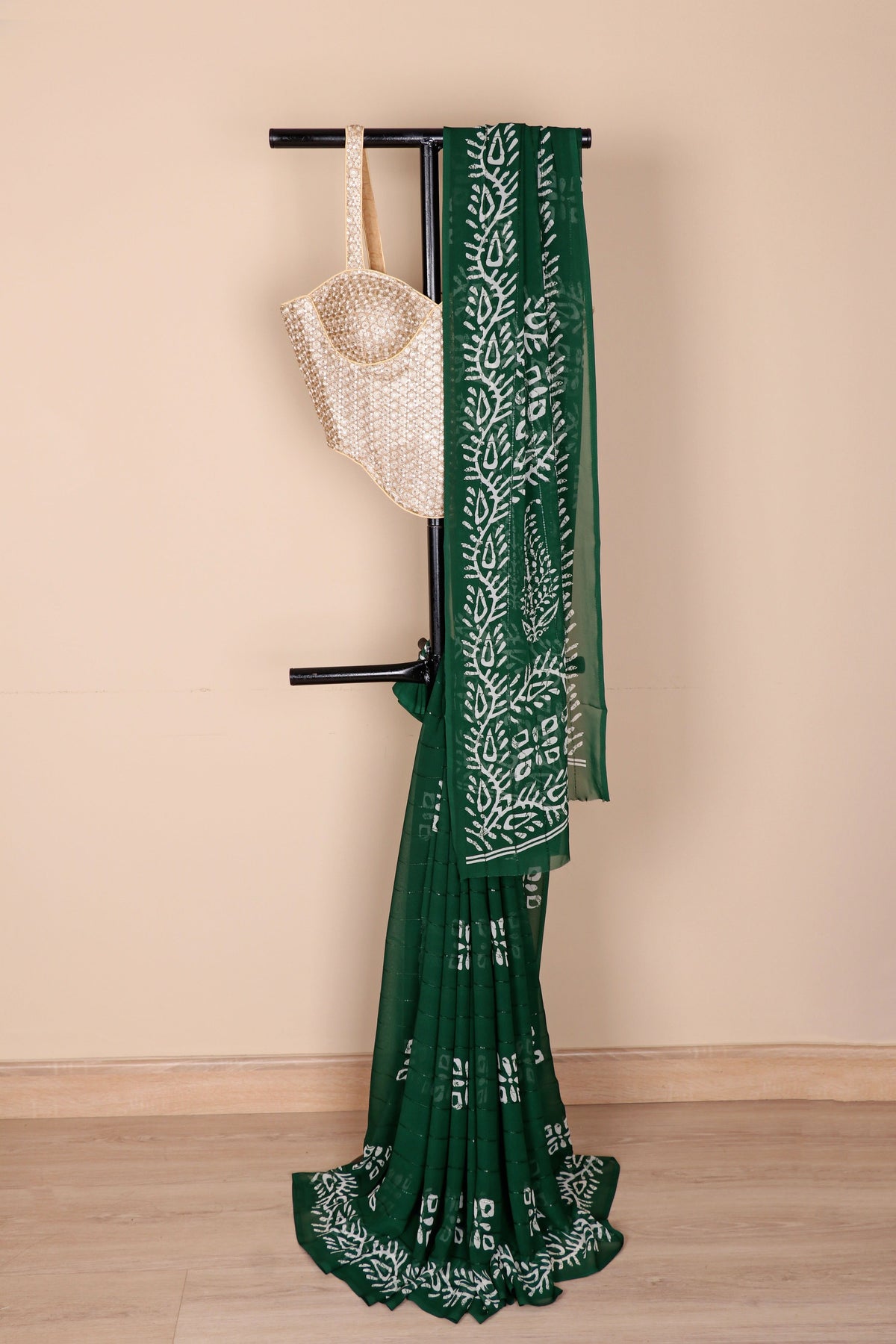 Bottle Green Batik Botanical Georgette Saree - 978
