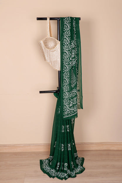 Bottle Green Batik Botanical Georgette Saree - 978
