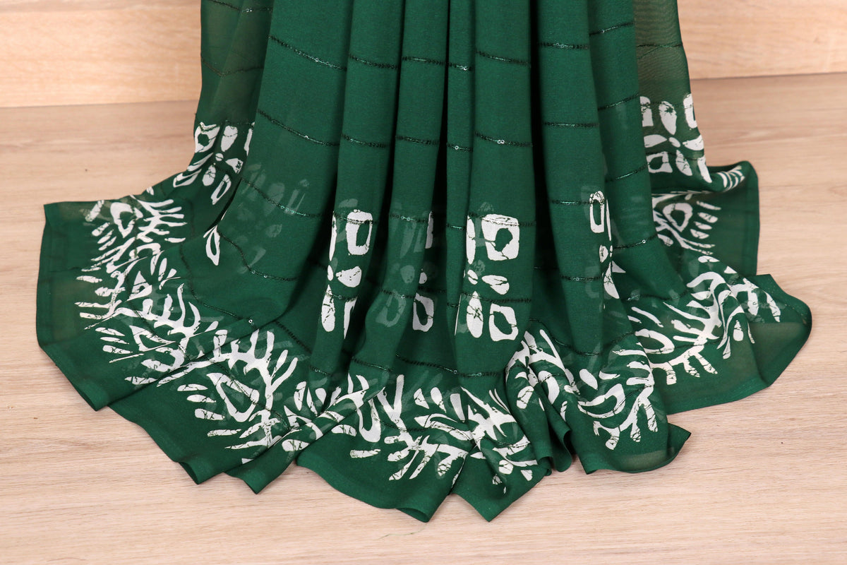 Bottle Green Batik Botanical Georgette Saree - 978