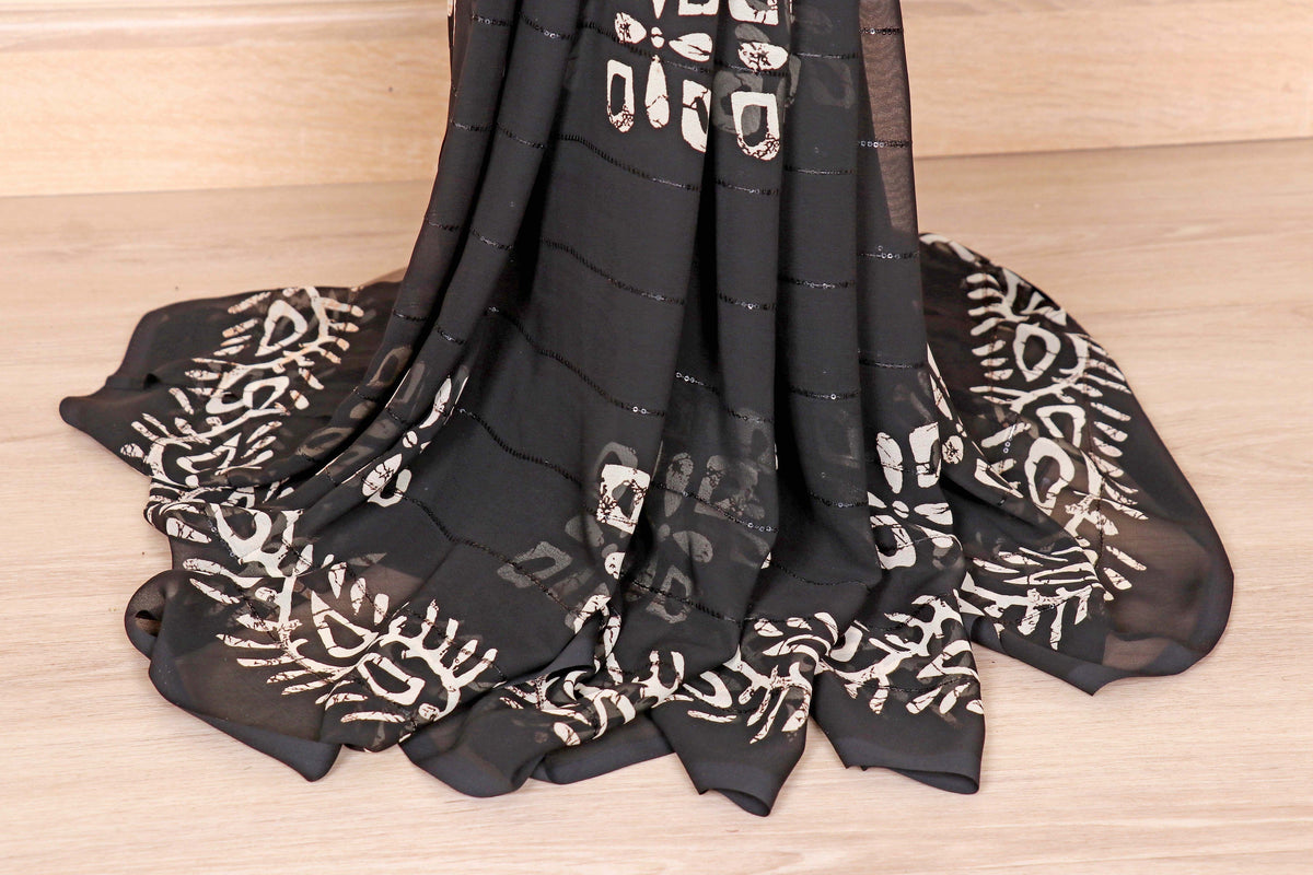 Black Batik Sequin Georgette Saree - 979