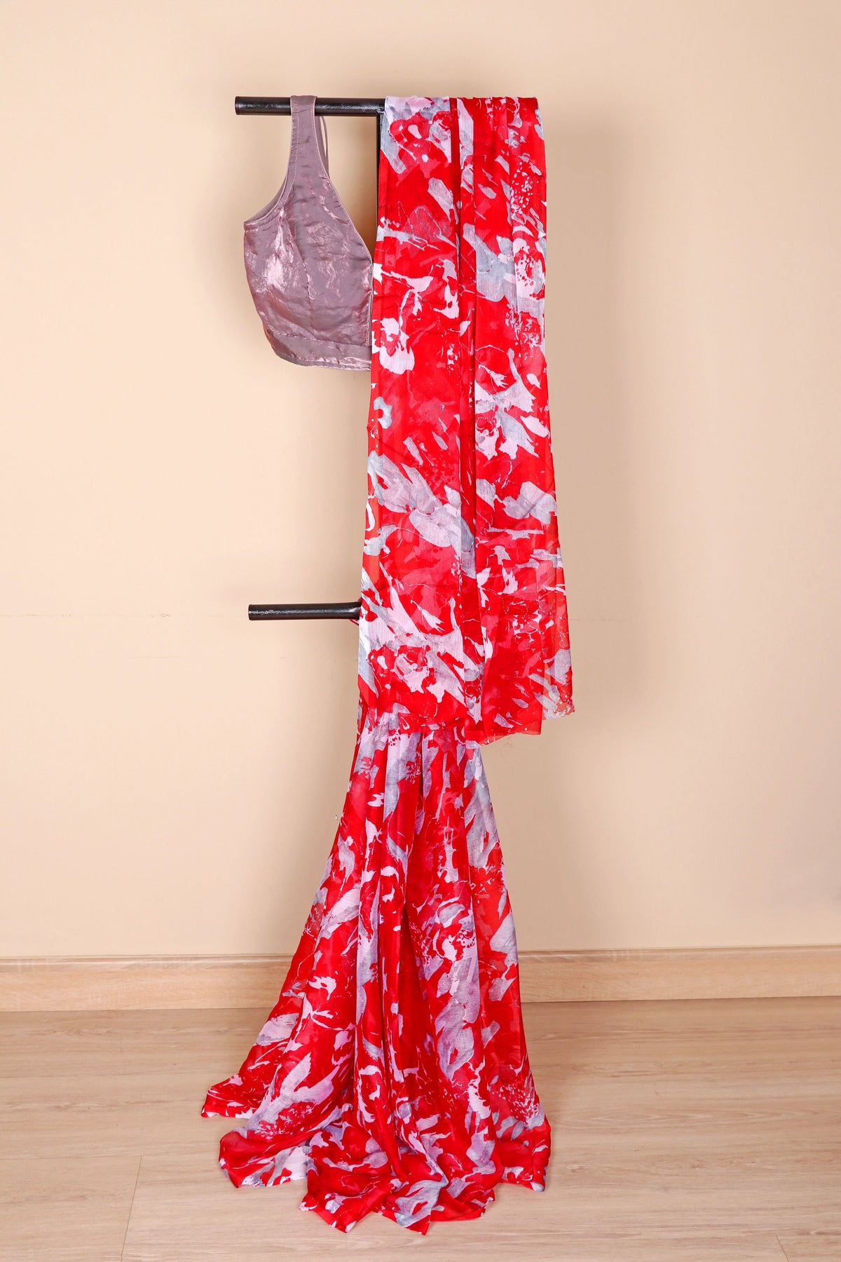Red Abstract Watercolor Floral Chiffon Saree - 981