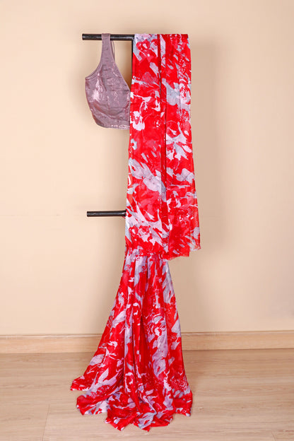 Red Abstract Watercolor Floral Chiffon Saree - 981