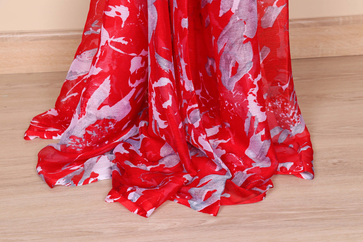 Red Abstract Watercolor Floral Chiffon Saree - 981