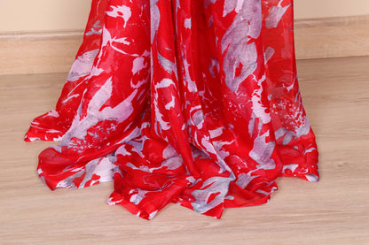 Red Abstract Watercolor Floral Chiffon Saree - 981
