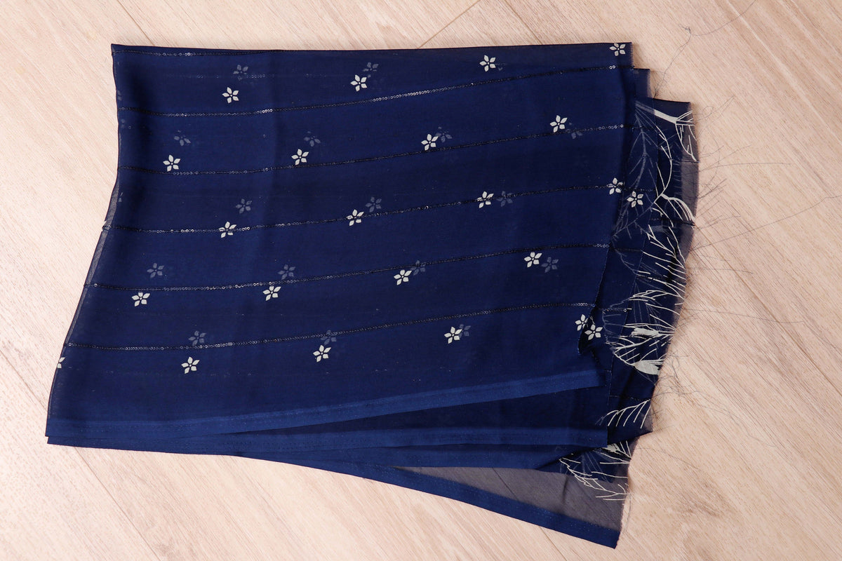 Royal Blue Tropical Leaf Print Chiffon Saree - 982