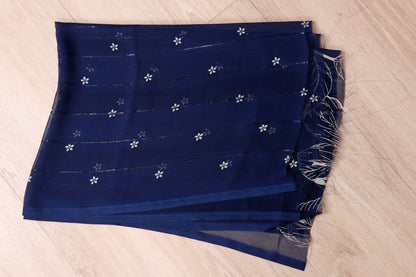 Royal Blue Tropical Leaf Print Chiffon Saree - 982