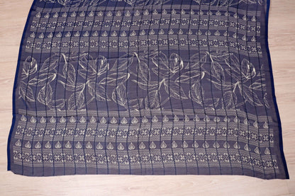 Royal Blue Tropical Leaf Print Chiffon Saree - 982