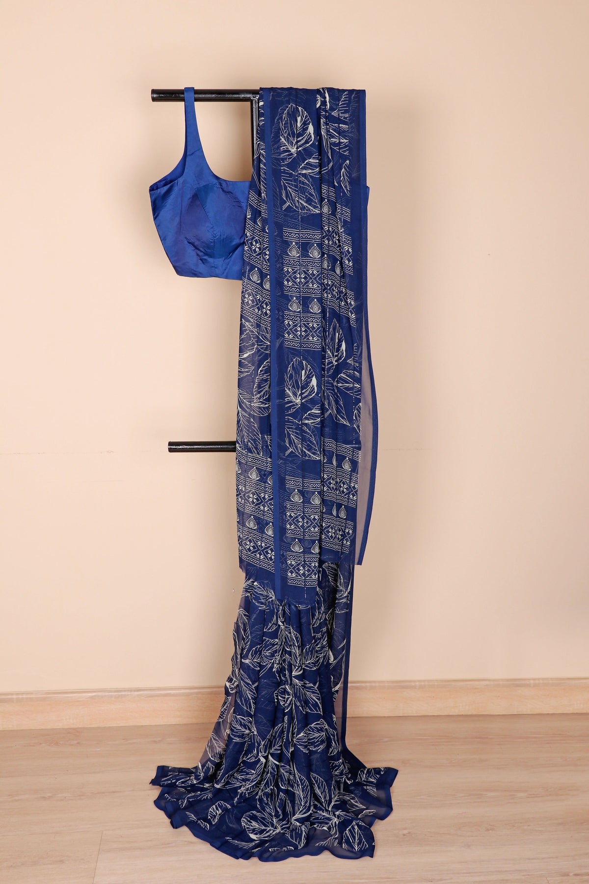 Royal Blue Tropical Leaf Print Chiffon Saree - 982