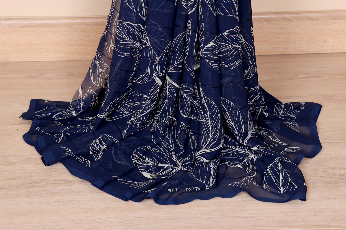 Royal Blue Tropical Leaf Print Chiffon Saree - 982