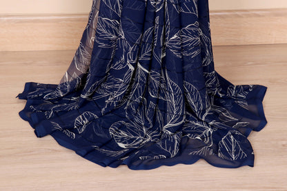 Royal Blue Tropical Leaf Print Chiffon Saree - 982