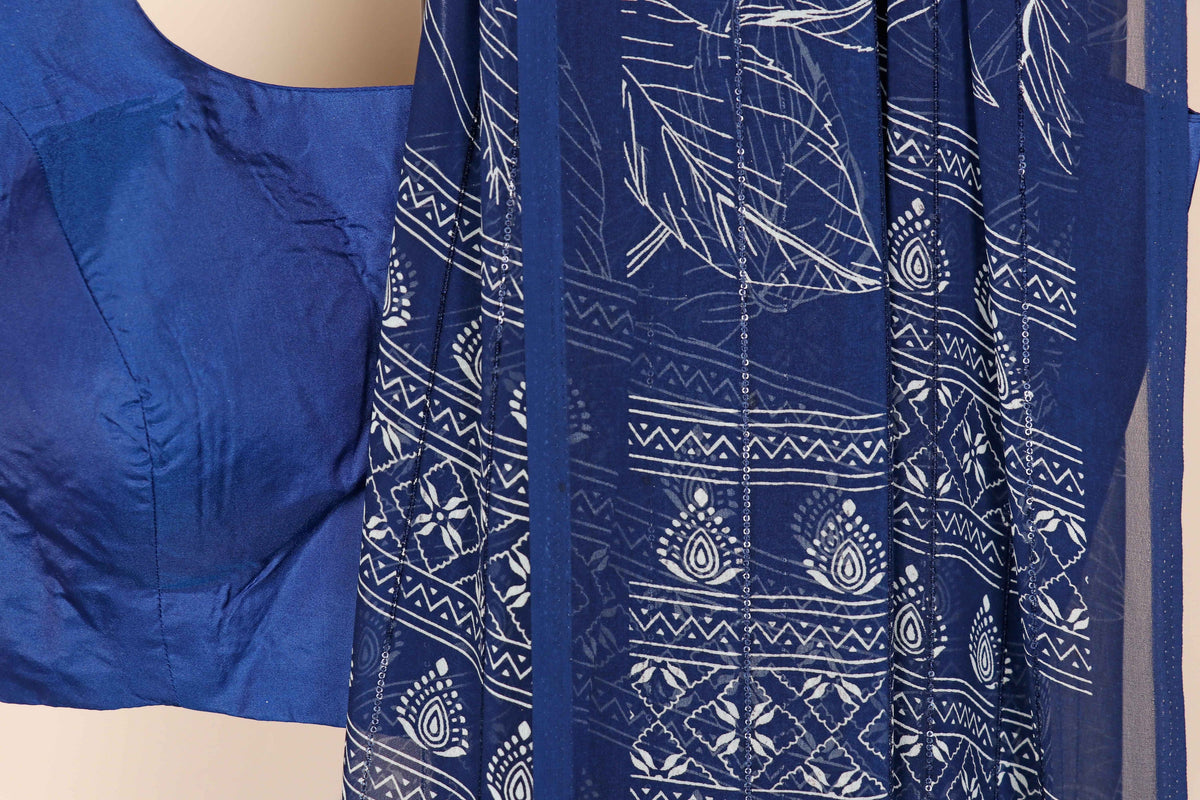 Royal Blue Tropical Leaf Print Chiffon Saree - 982