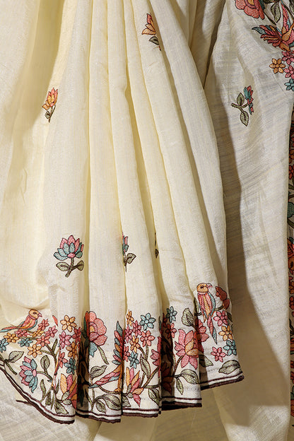 Vintage Garden Embroidered Linen Saree (New 216-R-216)