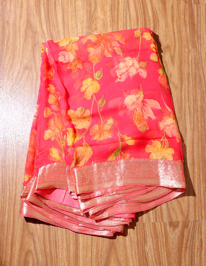 Coral Bloom Pure Chiffon Saree (New 218-R-218)