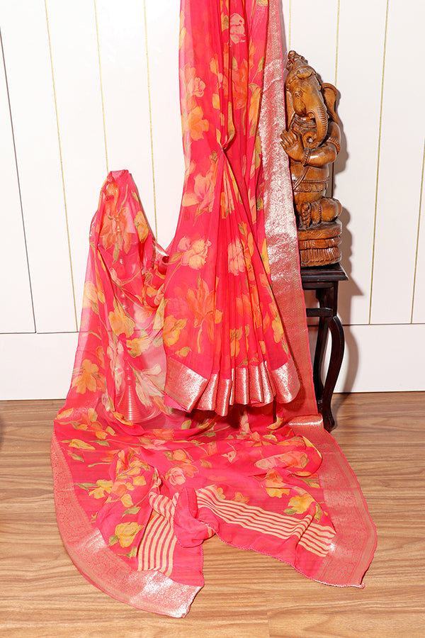 Coral Bloom Pure Chiffon Saree (New 218-R-218)