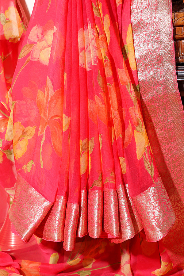 Coral Bloom Pure Chiffon Saree (New 218-R-218)