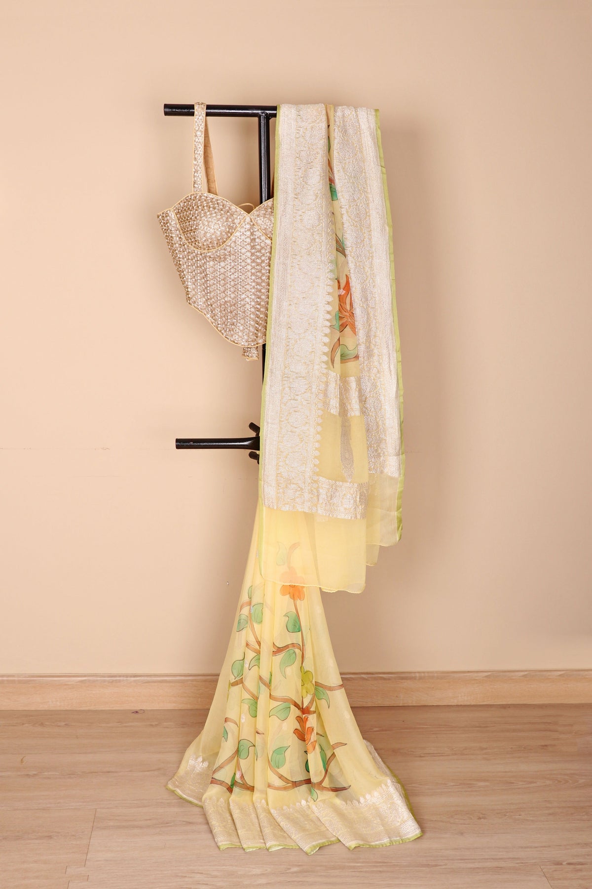 Lemon Yellow Hand-Painted Floral Pure Chiffon Saree - 989