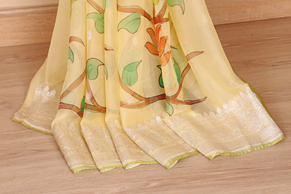 Lemon Yellow Hand-Painted Floral Pure Chiffon Saree - 989