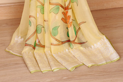Lemon Yellow Hand-Painted Floral Pure Chiffon Saree - 989