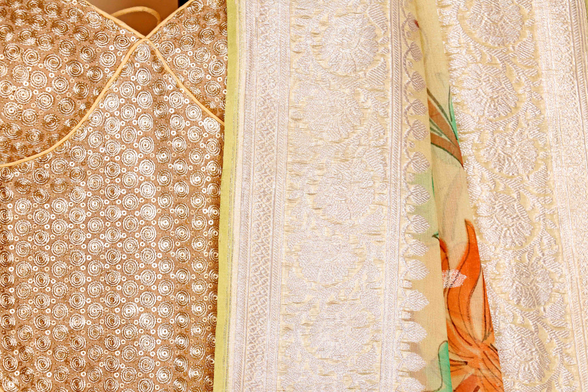 Lemon Yellow Hand-Painted Floral Pure Chiffon Saree - 989