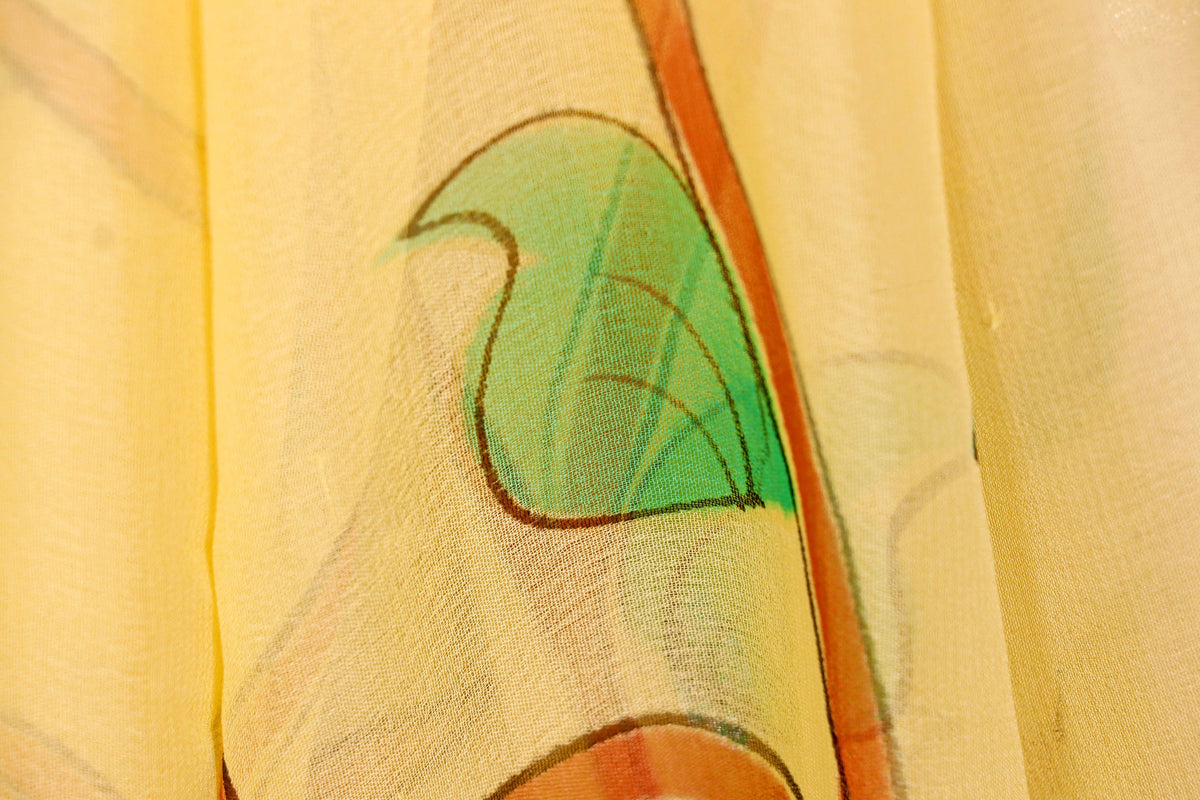 Lemon Yellow Hand-Painted Floral Pure Chiffon Saree - 989