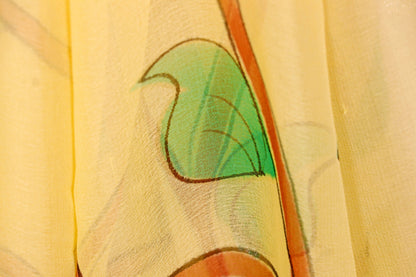 Lemon Yellow Hand-Painted Floral Pure Chiffon Saree - 989