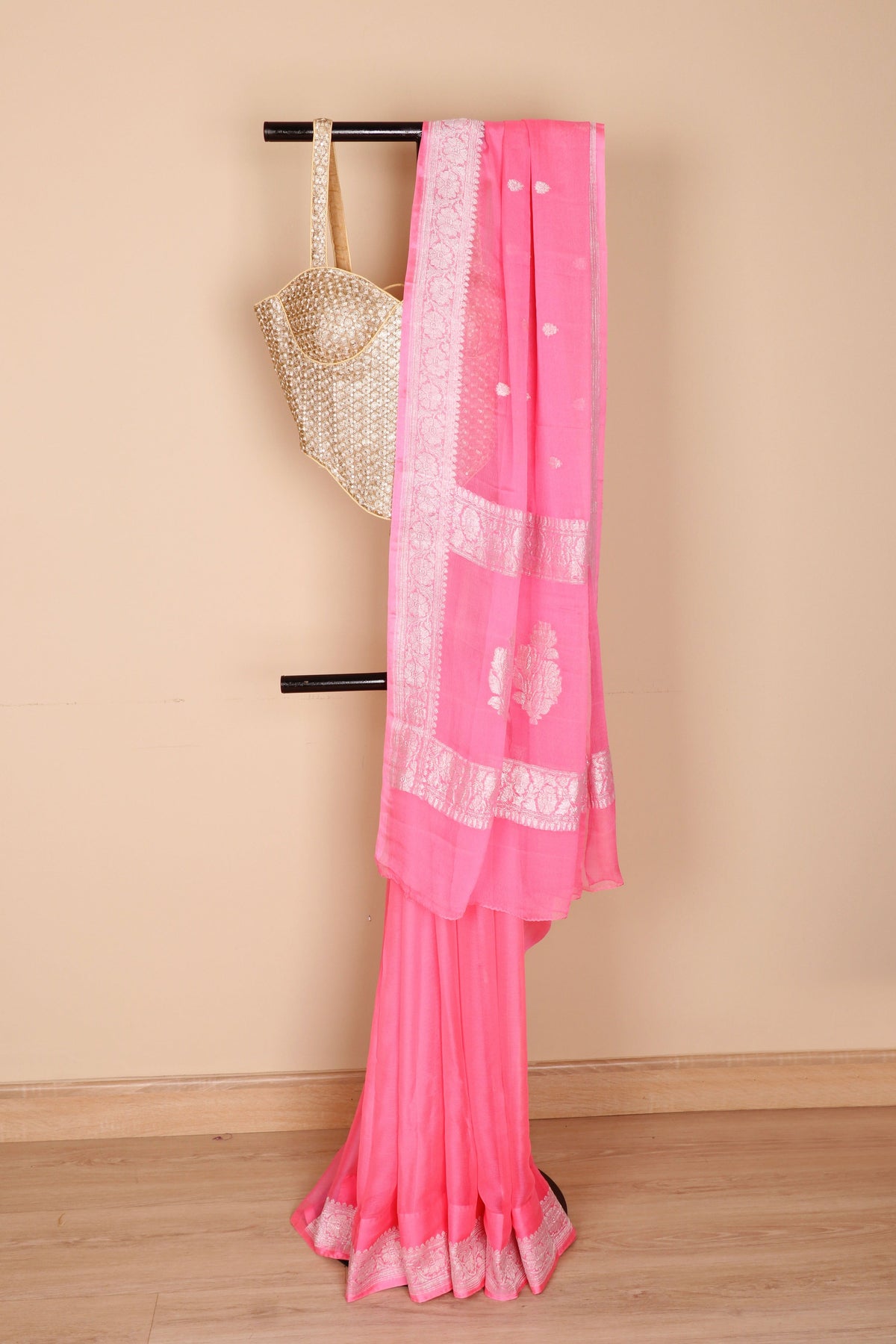 Hot Pink Silver Zari Khaddi Chiffon Saree - 990/ Seema