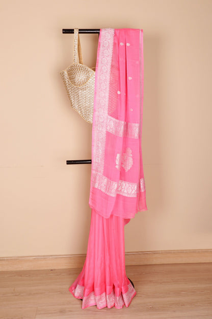 Hot Pink Silver Zari Khaddi Chiffon Saree - 990/ Seema