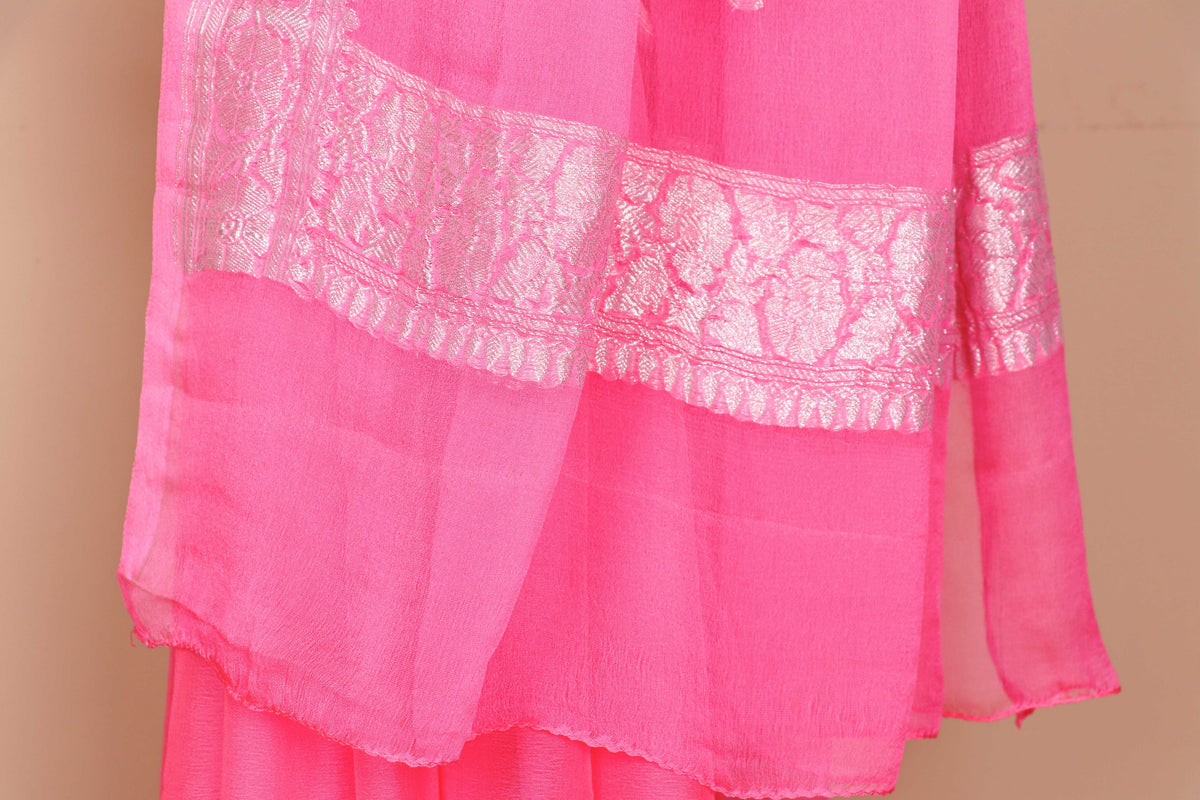 Hot Pink Silver Zari Khaddi Chiffon Saree - 990/ Seema