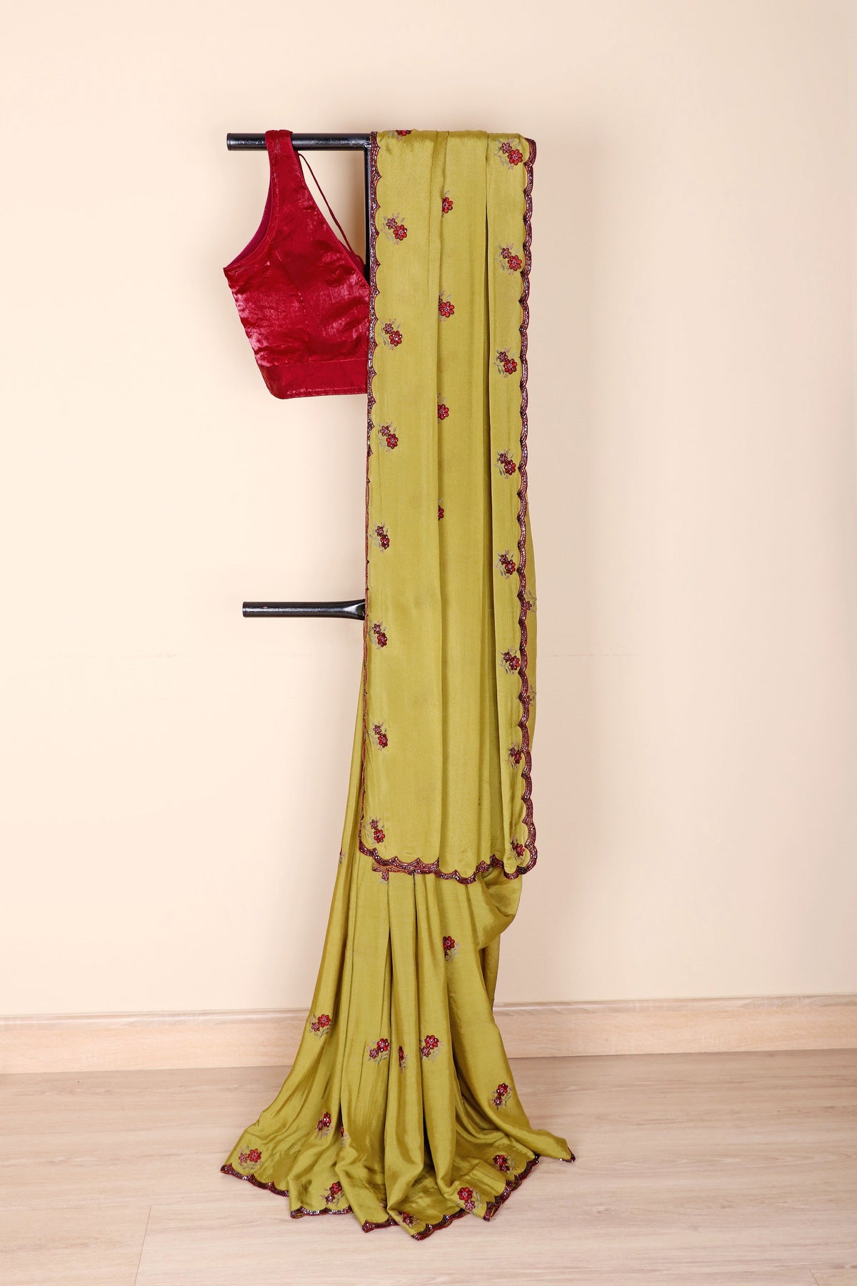Olive Green Satin Saree with Red Embroidery Butti and Maroon Scalloped Border | 1001