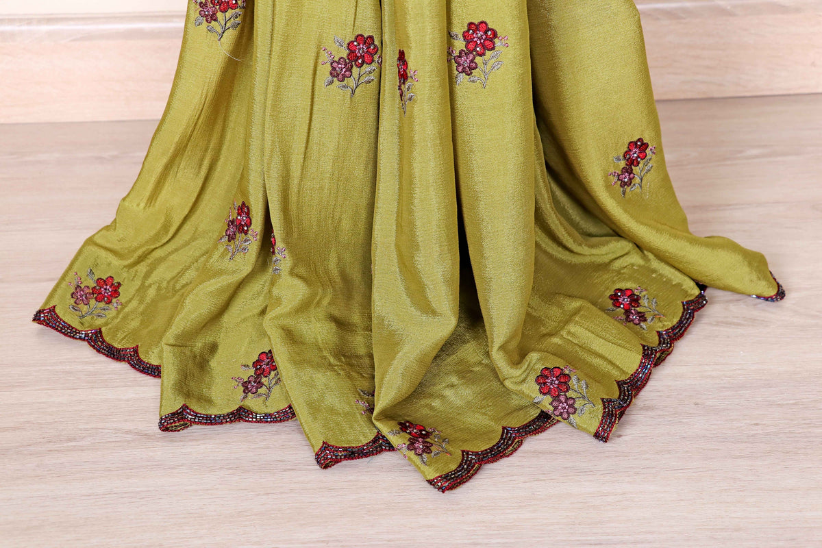 Olive Green Satin Saree with Red Embroidery Butti and Maroon Scalloped Border | 1001