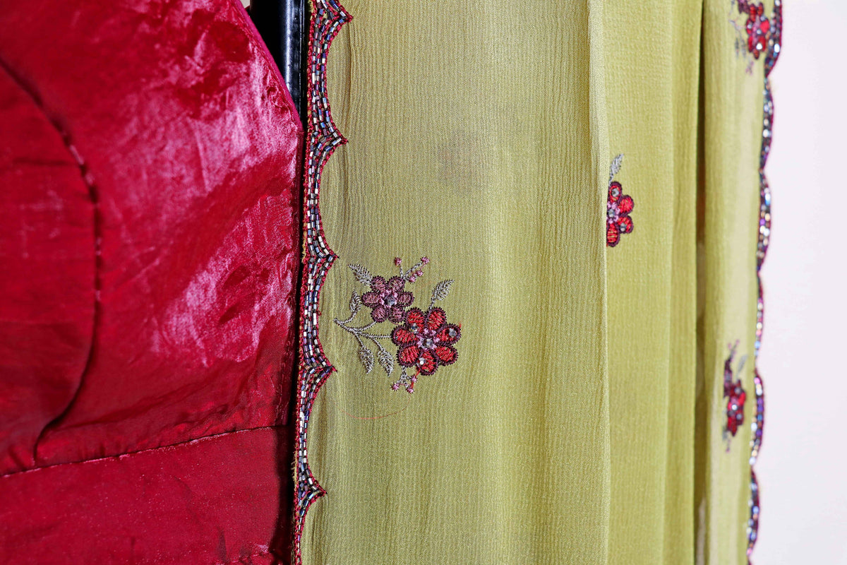 Olive Green Satin Saree with Red Embroidery Butti and Maroon Scalloped Border | 1001