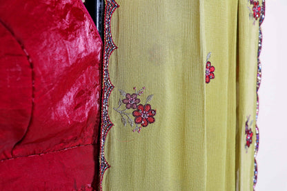 Olive Green Satin Saree with Red Embroidery Butti and Maroon Scalloped Border | 1001